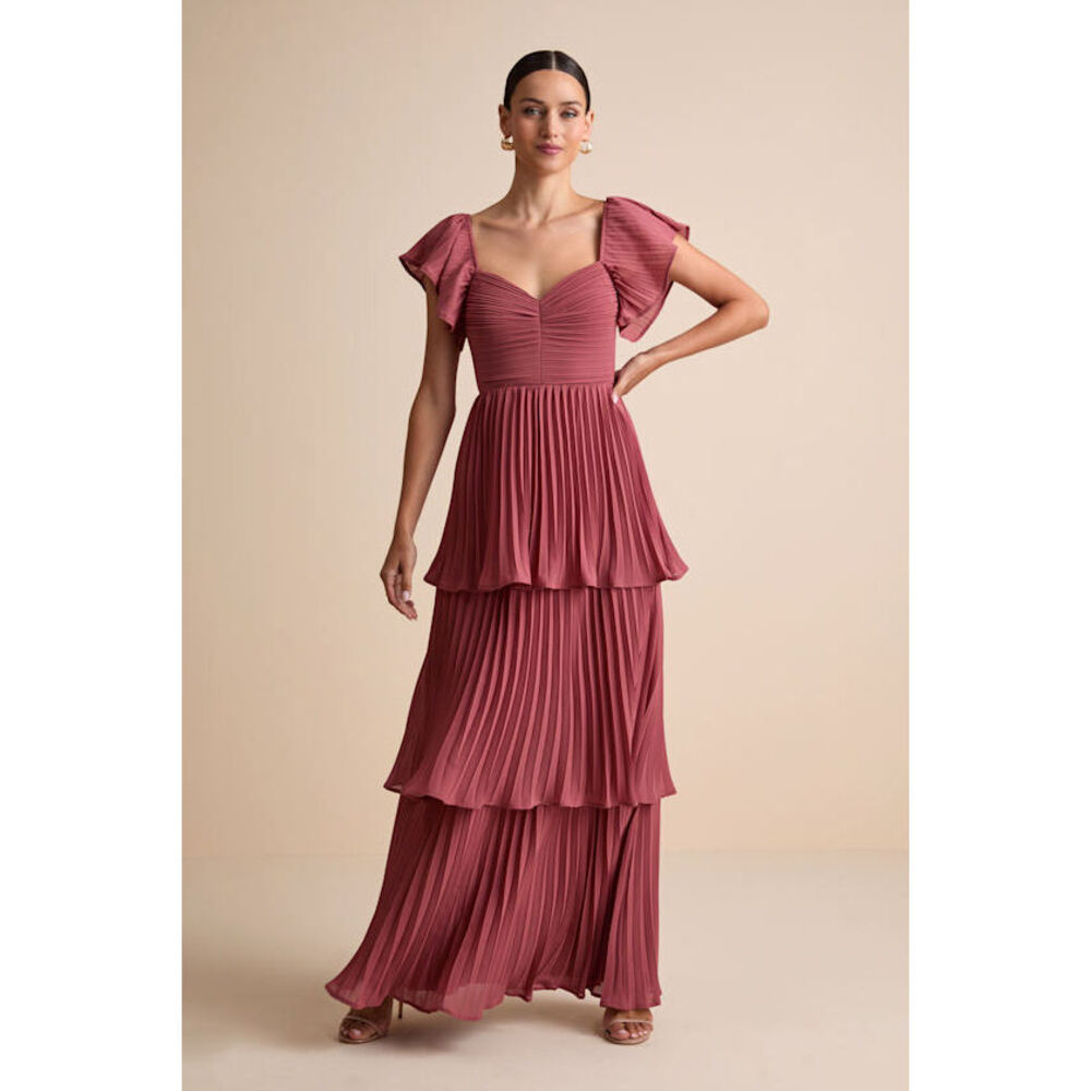 Lulus Notorious Charm Rusty Rose Pleated Flutter Sleeve Maxi Dress Pink - Size L